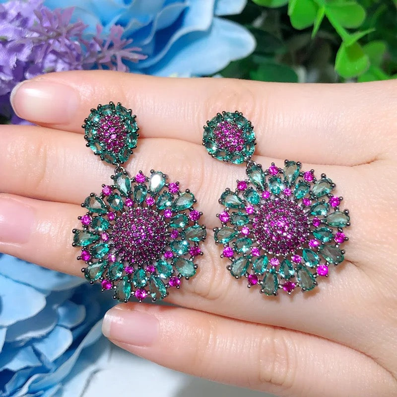 Hot Pink And Green Cubic Zirconia Crystal Big Dangle Drop Flower Earrings - ShopSmart 