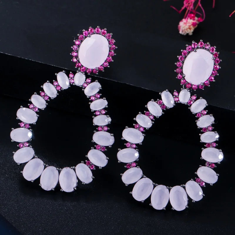 Oval Cut Pink Cubic Zirconia Long Statement Round Drop Earrings - ShopSmart 