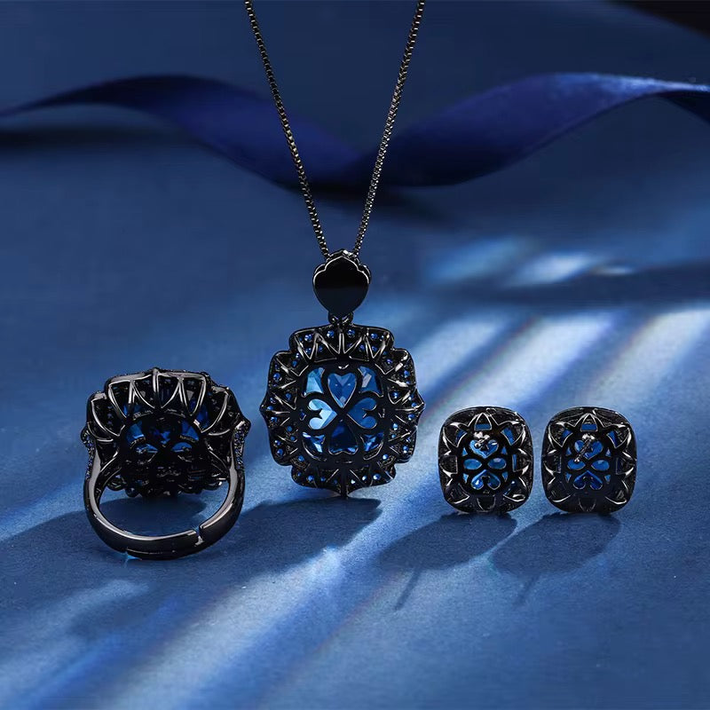 Bold Black Gun-Plated Brass Jewelry Set with Blue Zircon Stones