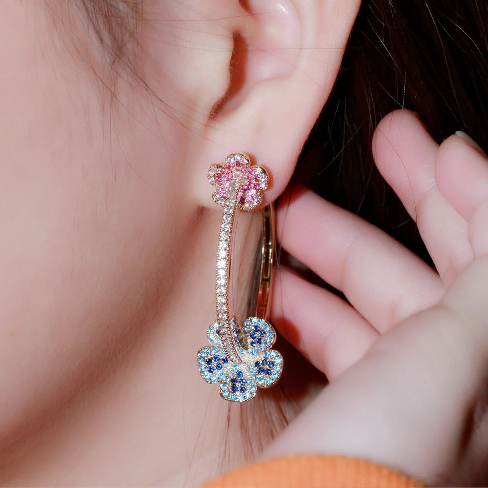 Beautiful Elegant Micro Pave Blue Red Cubic Zirconia Light Gold Plated Big Round Flower Shape Hoop Earrings - ShopSmart 