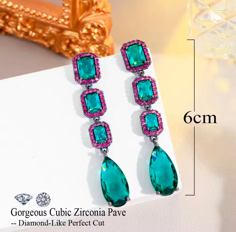 Elegant Water Drop Green Crystal And Rose Red Cubic Zircon Long Dangle Drop Earrings - ShopSmart 