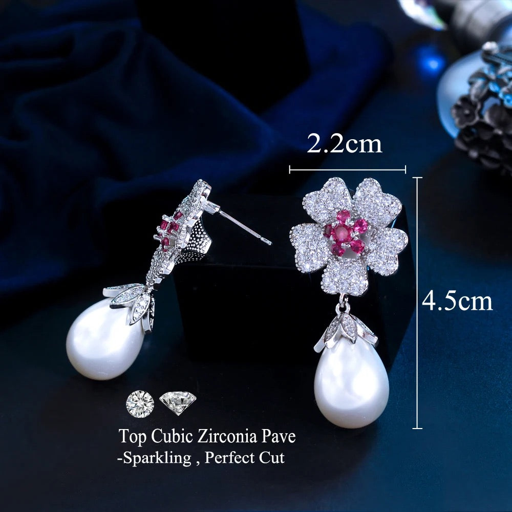 Rose Red Cubic Zirconia Flower Big Imitation Pearl Dangle Drop Earrings - ShopSmart 