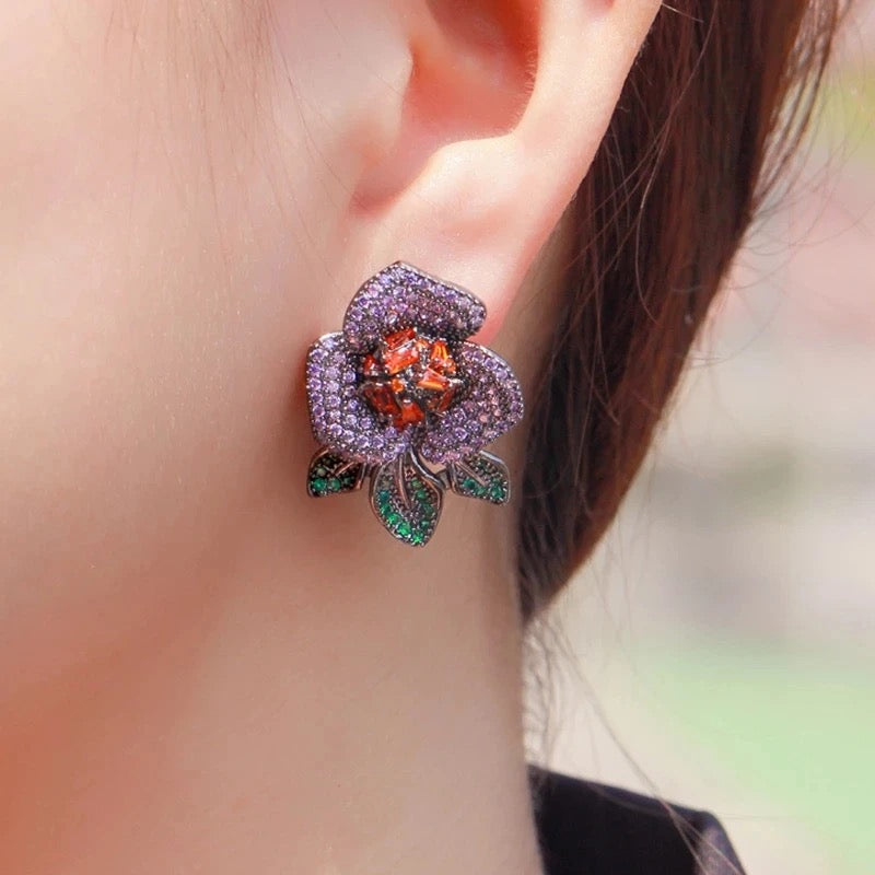 Big Flower Design Purple Red Cubic Zirconia Pave Stud Earrings - ShopSmart 