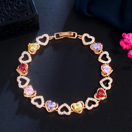 Gold Plated Heart Shaped Cubic Zirconia Tennis Chain Bracelet for Women/Girls - ShopSmart 