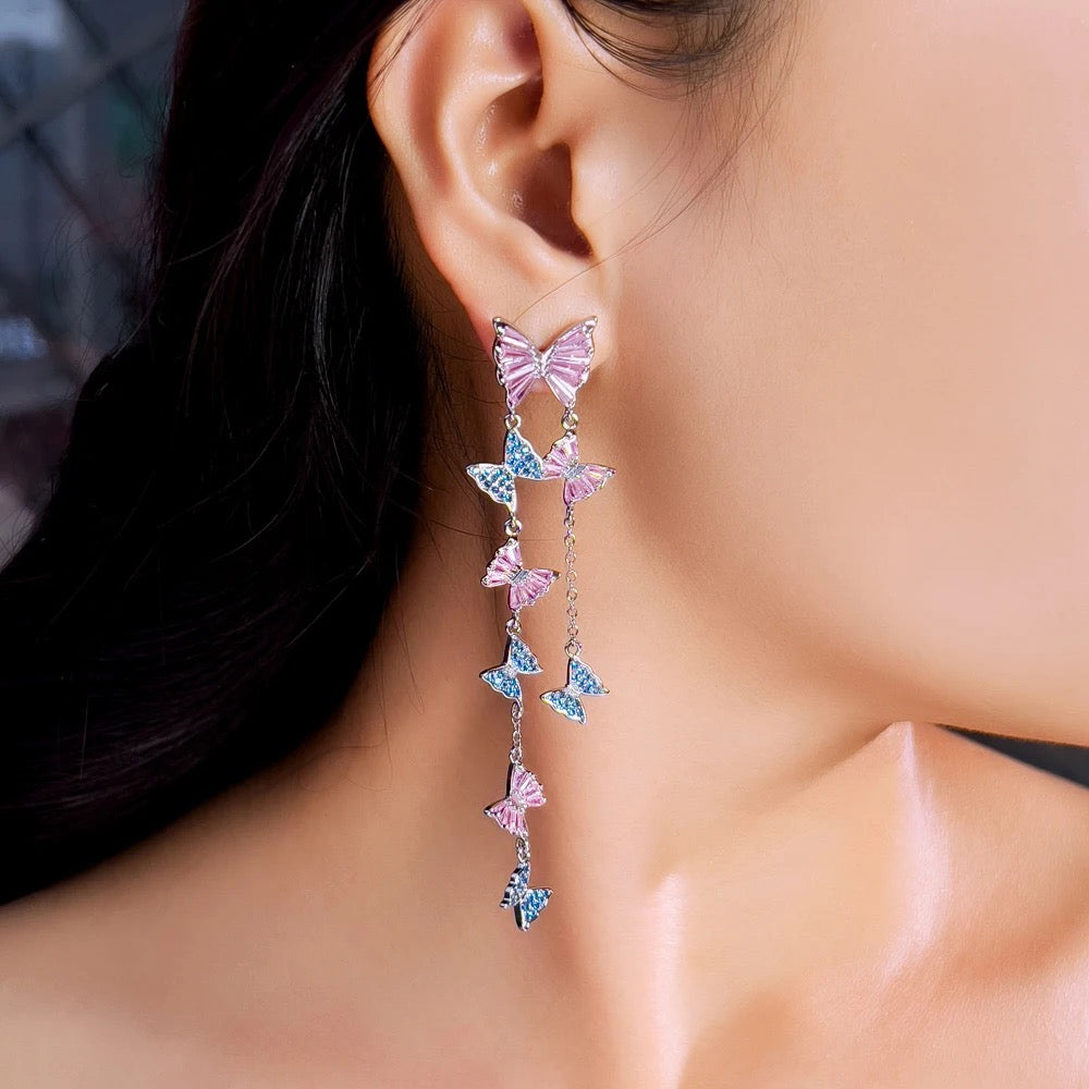 Luxurious Pink Blue Cubic Zirconia Extra Long Tassel Butterfly Drop Dangle Earrings - ShopSmart 