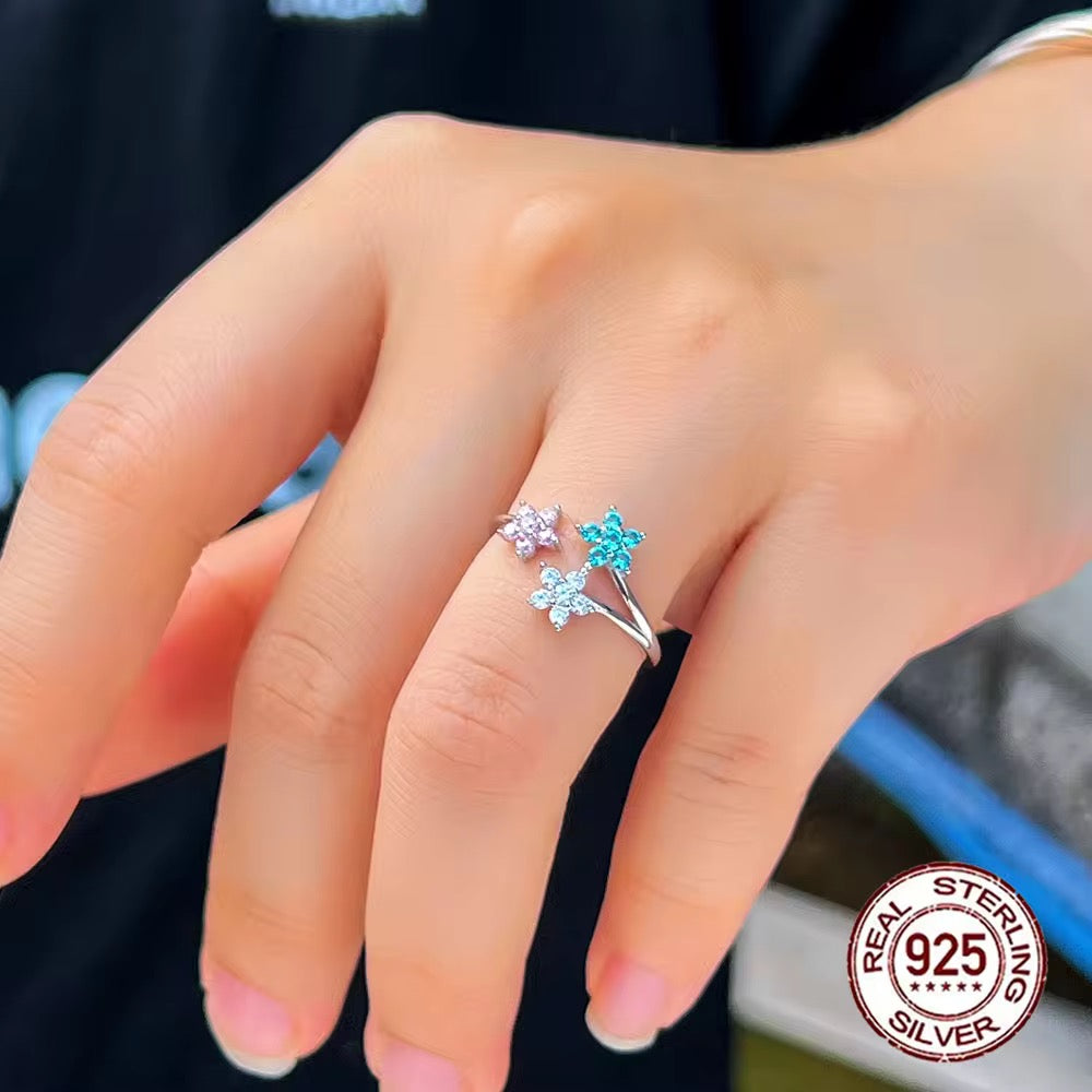 925 Sterling Silver Cubic Zirconia Adjustable Open Pretty Blooming Flowers Ring For Women/Girls - ShopSmart 