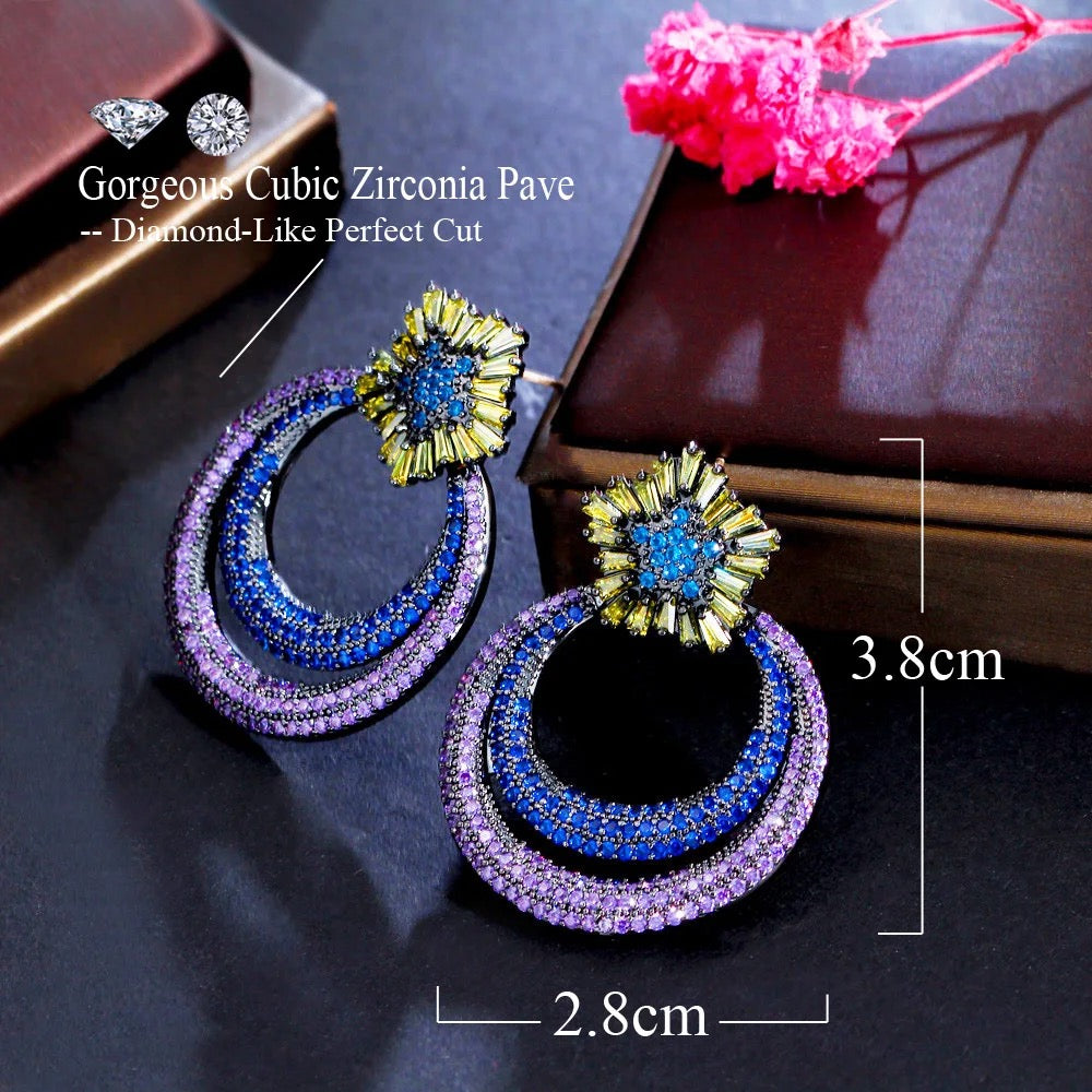 Double Round Drop Micro Inlay Sparkling Blue Purple Cubic Zirconia Dangle Earrings - ShopSmart 