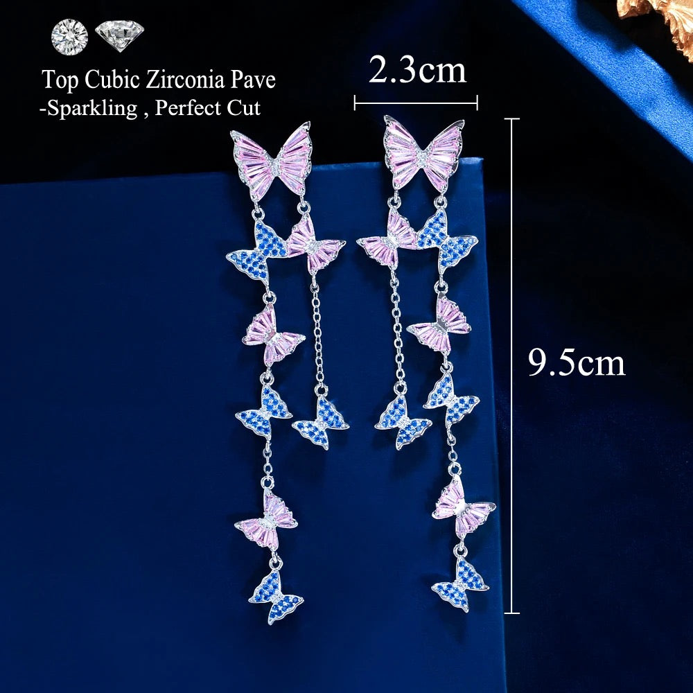 Luxurious Pink Blue Cubic Zirconia Extra Long Tassel Butterfly Drop Dangle Earrings - ShopSmart 