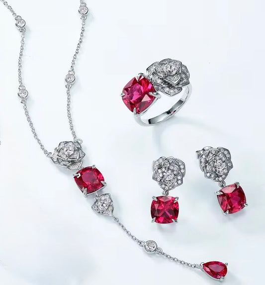 Luxury Floral Ruby Jewelry Set in Sterling Silver