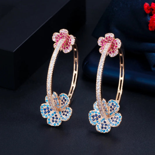 Beautiful Elegant Micro Pave Blue Red Cubic Zirconia Light Gold Plated Big Round Flower Shape Hoop Earrings - ShopSmart 