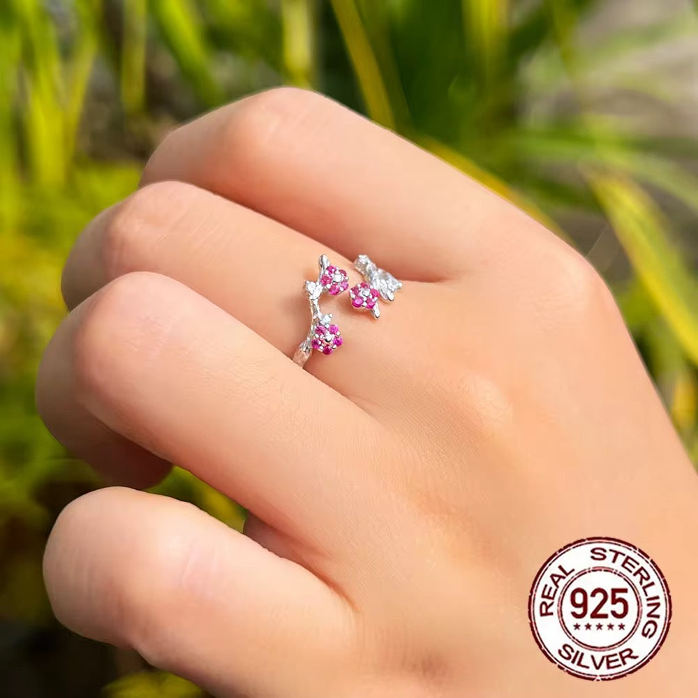 925 Sterling Silver Featuring Zircon Winter Blooming Plum Flower Open Size Finger Ring - ShopSmart 