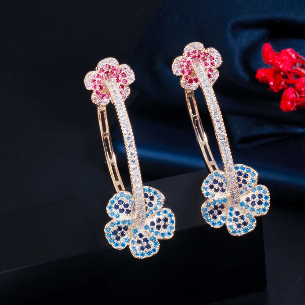 Beautiful Elegant Micro Pave Blue Red Cubic Zirconia Light Gold Plated Big Round Flower Shape Hoop Earrings - ShopSmart 