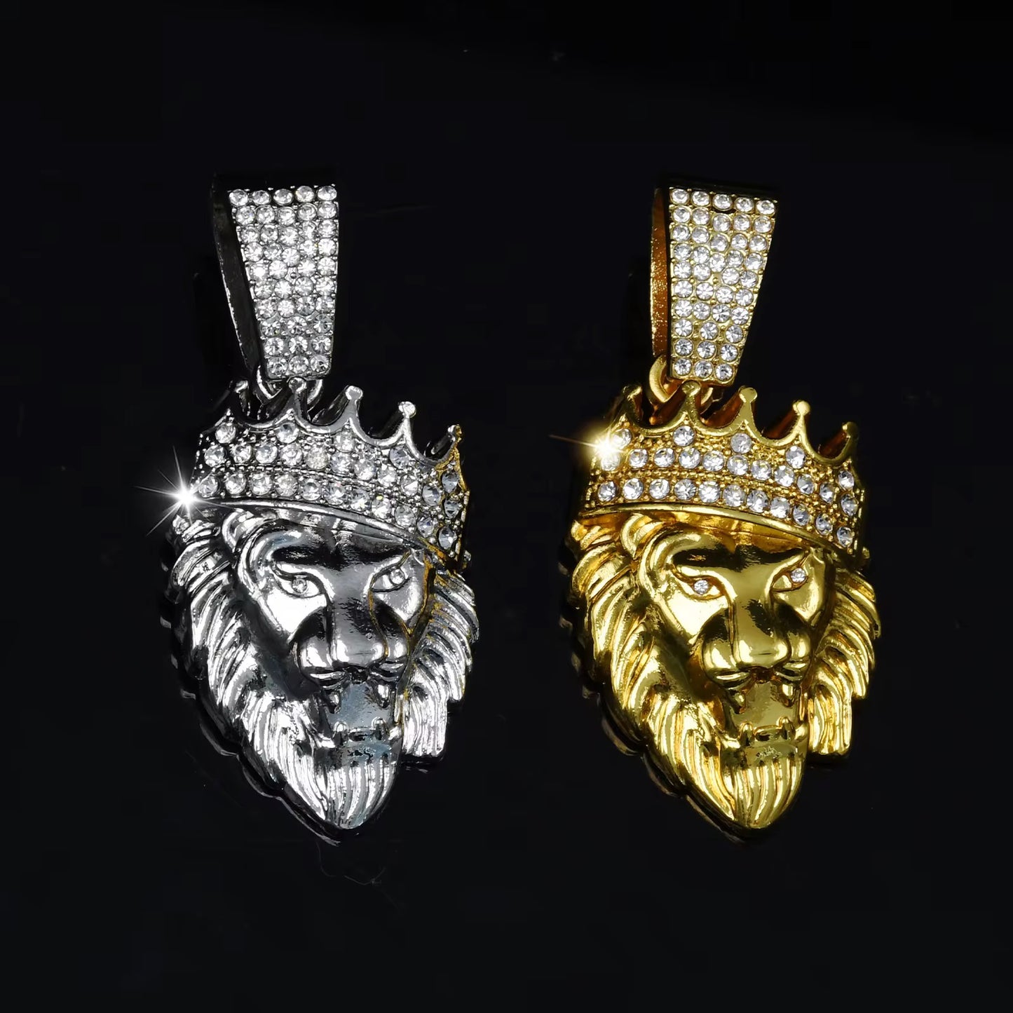 Iced Out Crown Lion Head Pendant with Rope Chain – Gold & Silver Plated