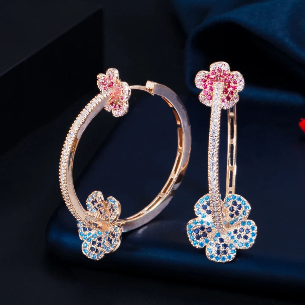 Beautiful Elegant Micro Pave Blue Red Cubic Zirconia Light Gold Plated Big Round Flower Shape Hoop Earrings - ShopSmart 