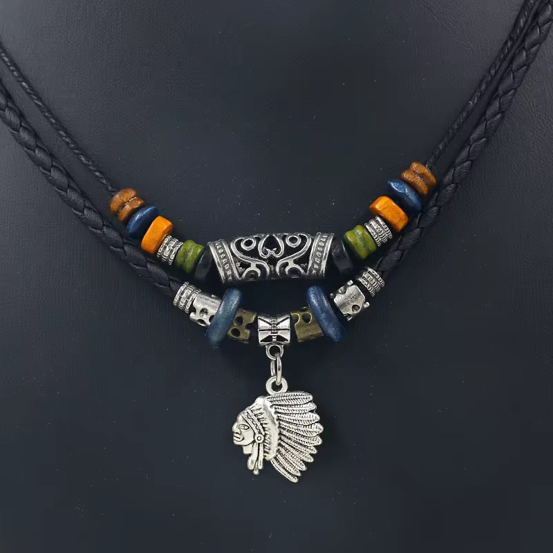 Ethnic Style Leather Rope Beads Ancient Silver Alloy Adjustable Pendant Necklace