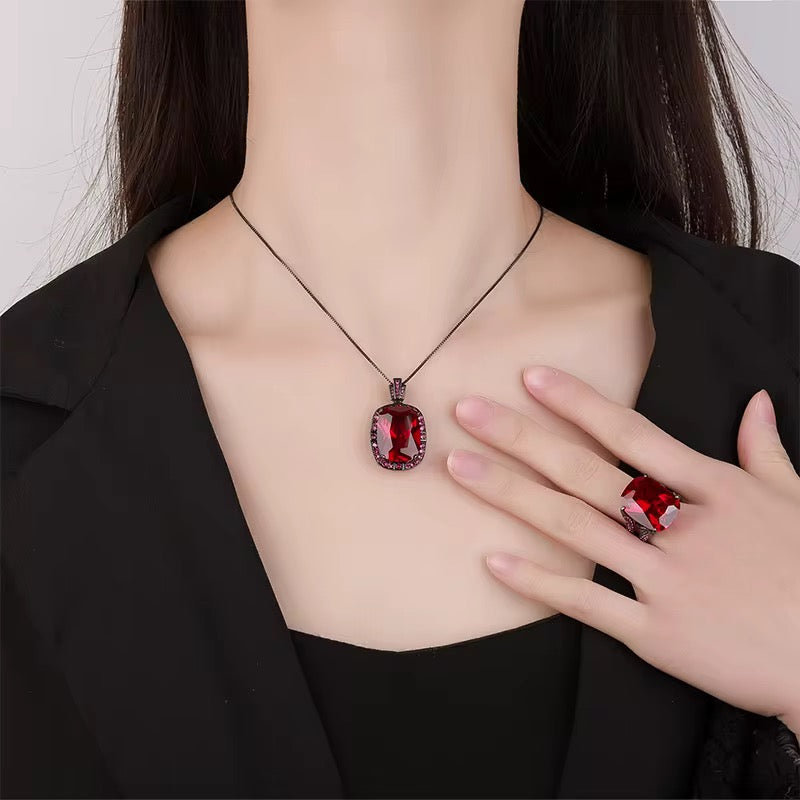 Bold & Elegant: Black Gun-Plated Red Zircon Pendant & Ring