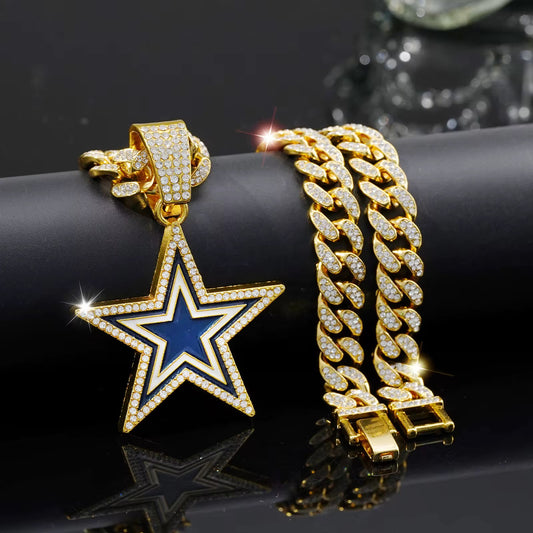 Iced Out Cuban Chain with Blue Star Pendant – Silver & Gold Plated