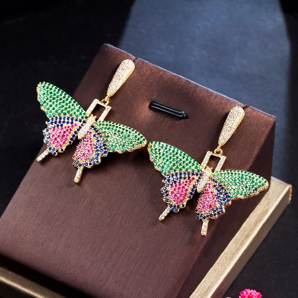 Fancy Multicolor Cubic Zircon Crystal Dangle Drop Big Wide Butterfly Wings Earrings - ShopSmart 