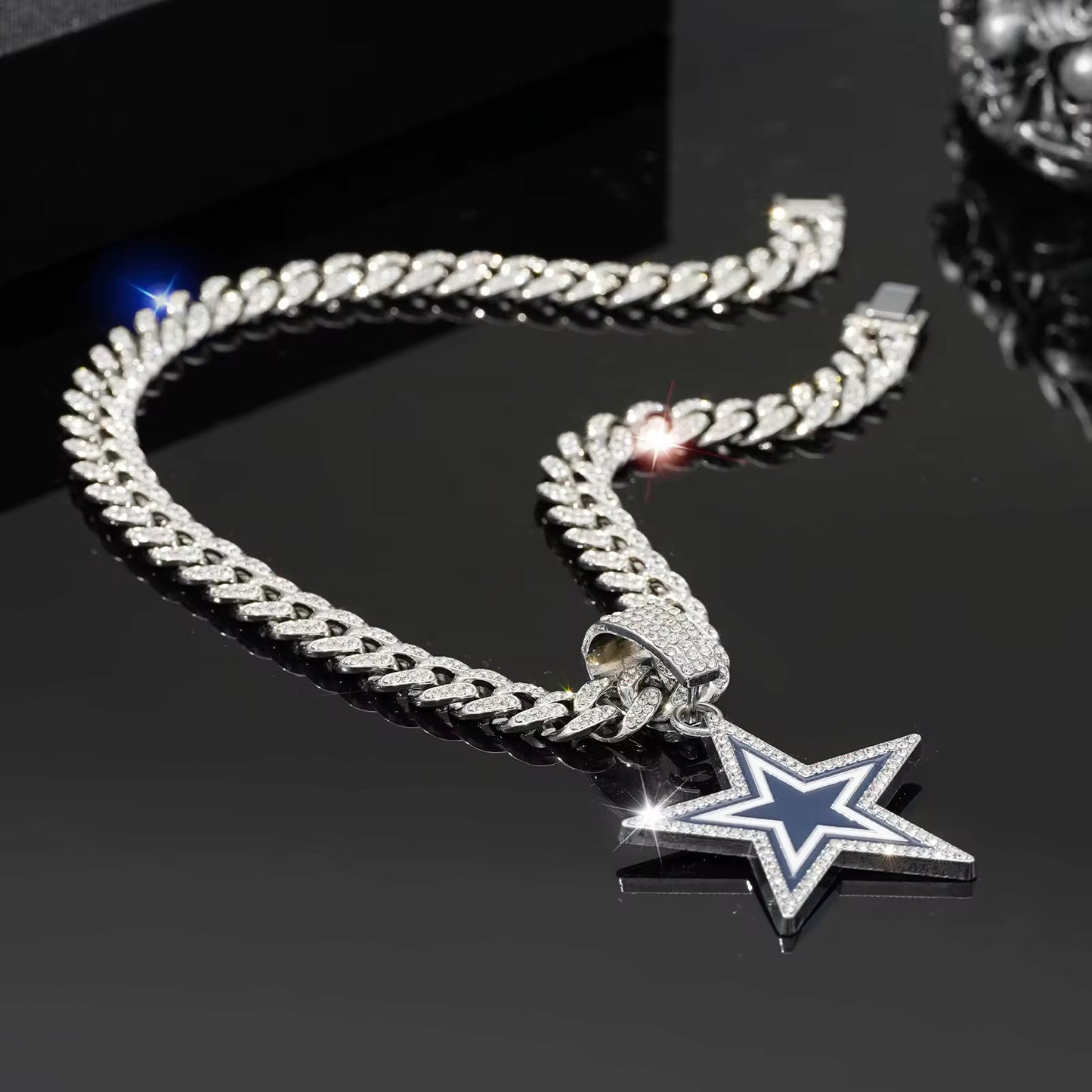 Iced Out Cuban Chain with Blue Star Pendant – Silver & Gold Plated