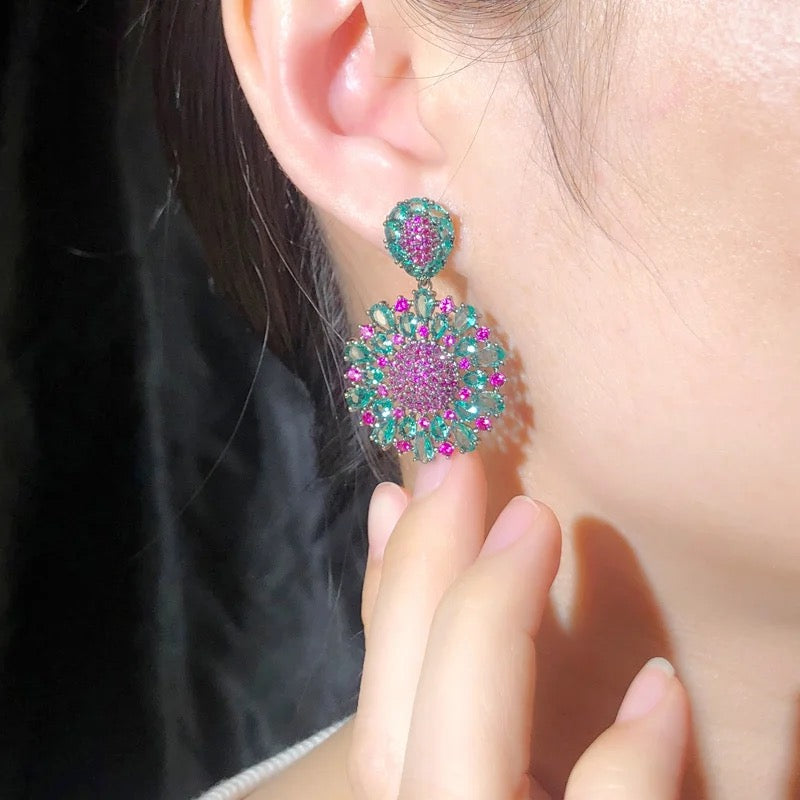 Hot Pink And Green Cubic Zirconia Crystal Big Dangle Drop Flower Earrings - ShopSmart 