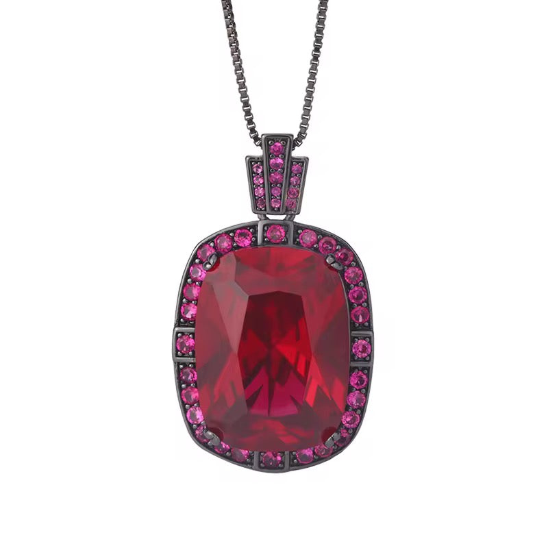 Bold & Elegant: Black Gun-Plated Red Zircon Pendant & Ring