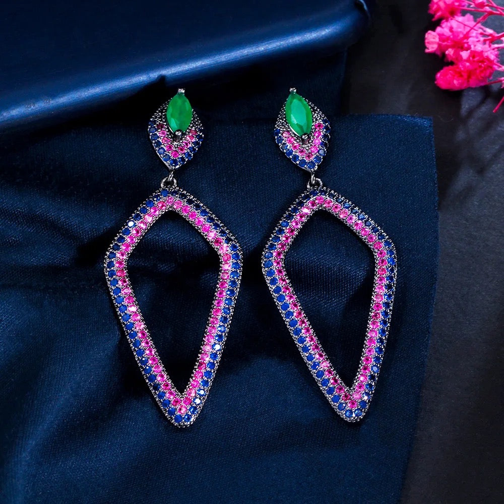 Long Gorgeous Emerald Blue, Red Cubic Zirconia Rhombus Dangle Drop Earrings - ShopSmart 