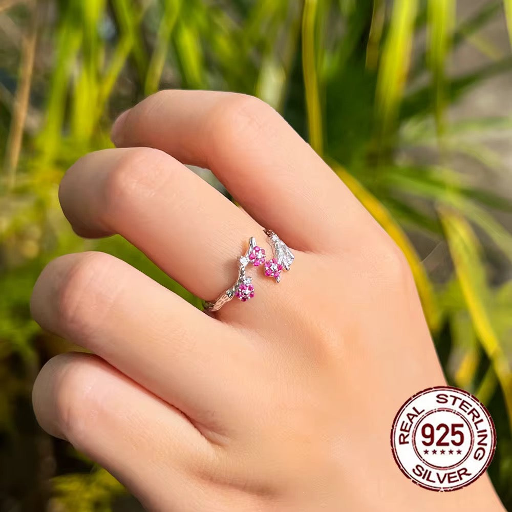 925 Sterling Silver Featuring Zircon Winter Blooming Plum Flower Open Size Finger Ring - ShopSmart 