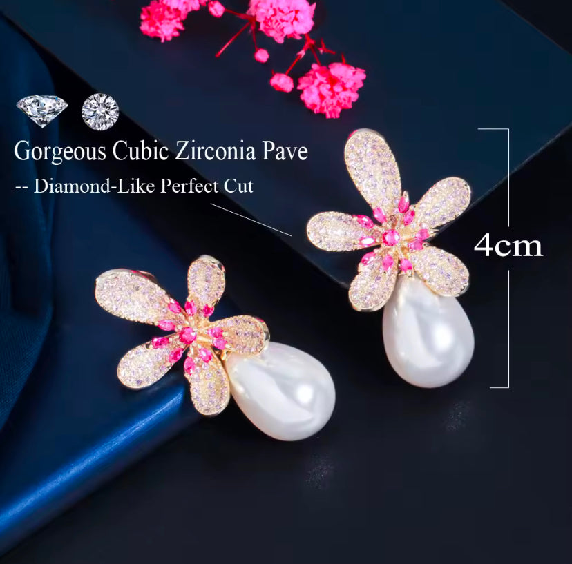 Red Cubic Zirconia Flower Big Dangle Drop Pearl Earrings - ShopSmart 