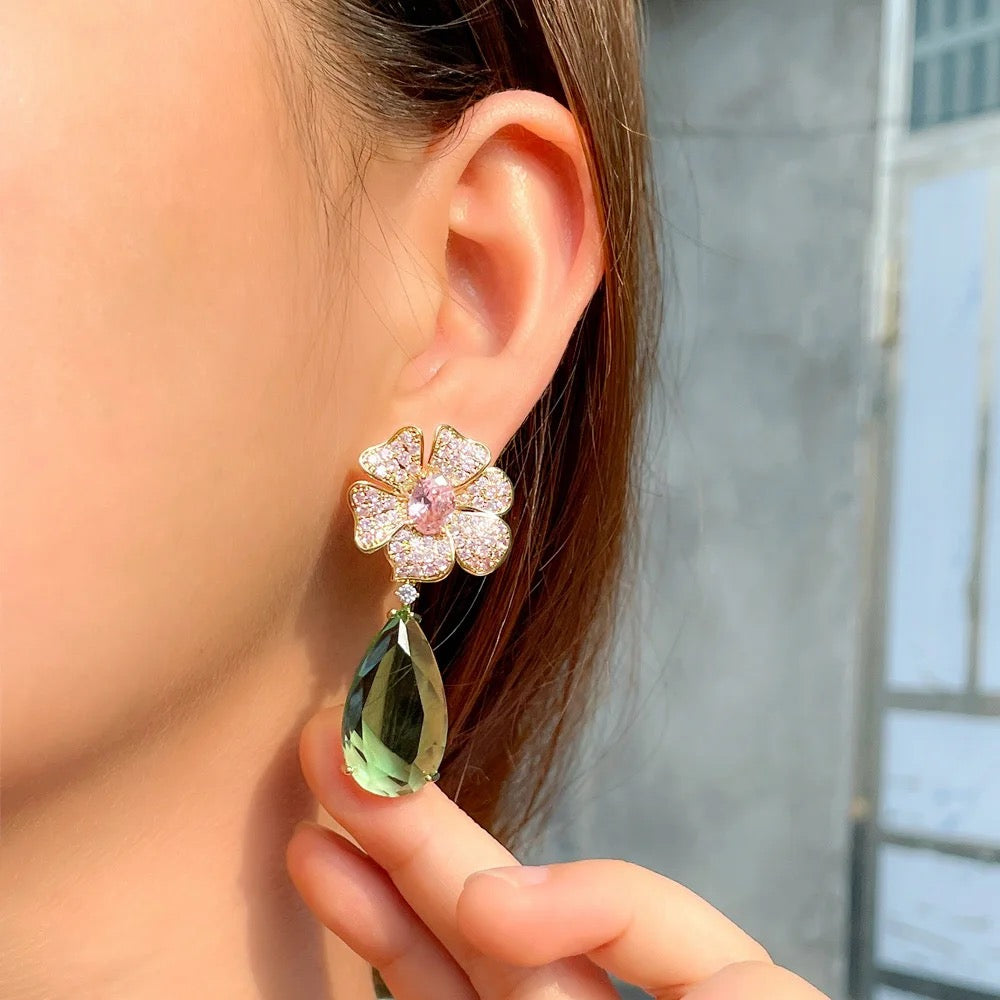 Beautiful Elegant Pink Cubic Zirconia  Dangle Drop Flower Earrings - ShopSmart 