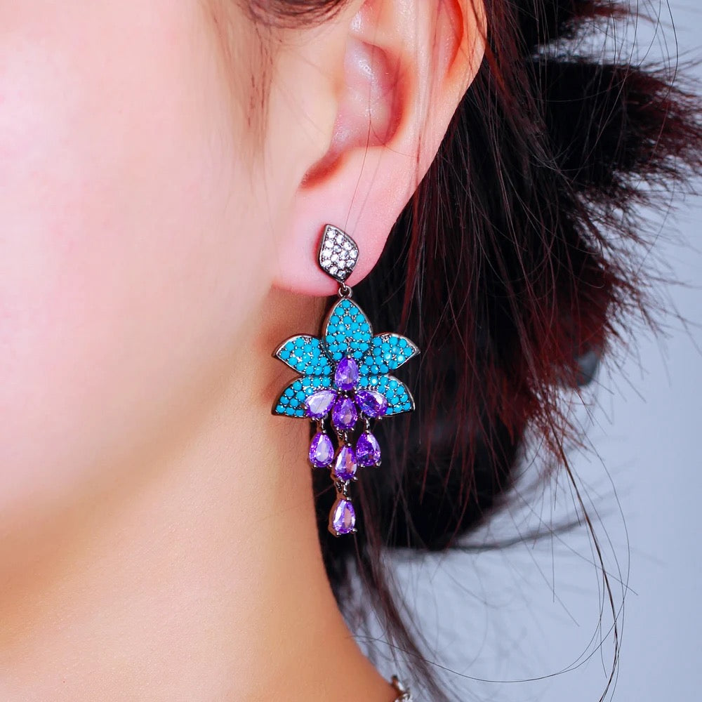 Cubic Zirconia And Turquoise Stone Long Drop Earrings - ShopSmart 