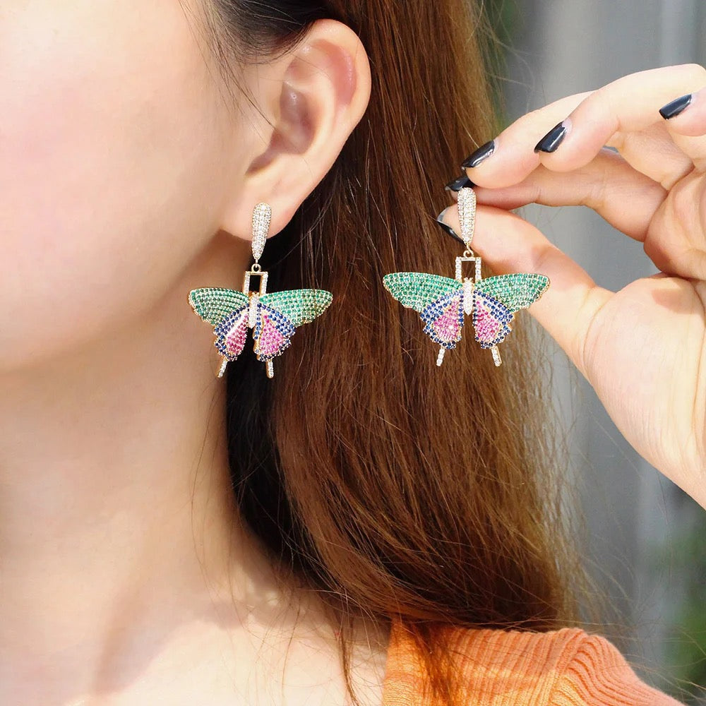 Fancy Multicolor Cubic Zircon Crystal Dangle Drop Big Wide Butterfly Wings Earrings - ShopSmart 