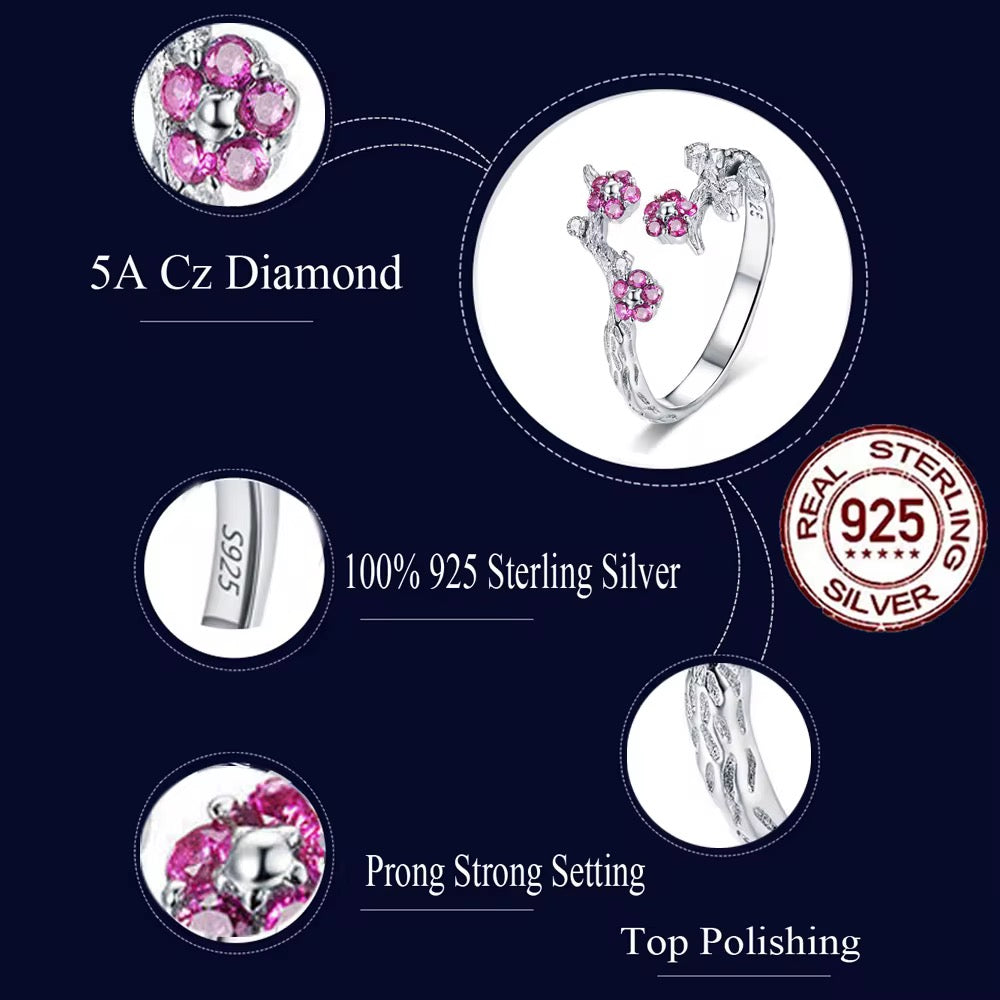 925 Sterling Silver Featuring Zircon Winter Blooming Plum Flower Open Size Finger Ring - ShopSmart 