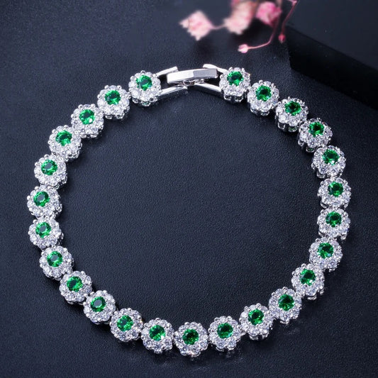 Silver Plated Green Cubic Zirconia Floral Design Chain Link Bracelet For Women/Girls - ShopSmart 