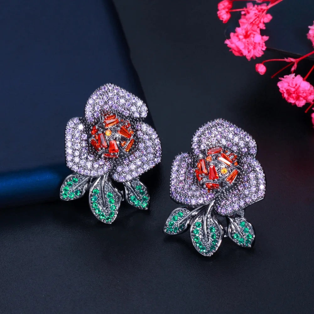 Big Flower Design Purple Red Cubic Zirconia Pave Stud Earrings - ShopSmart 