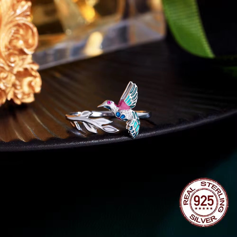 Colorful Enamel Cute Bird Shaped 925 Sterling Silver Open Size Finger Ring - ShopSmart 