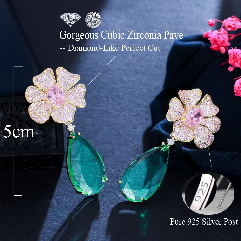 Beautiful Elegant Pink Cubic Zirconia  Dangle Drop Flower Earrings - ShopSmart 