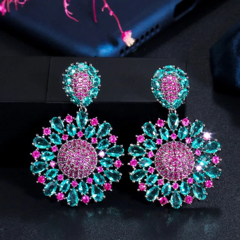 Hot Pink And Green Cubic Zirconia Crystal Big Dangle Drop Flower Earrings - ShopSmart 