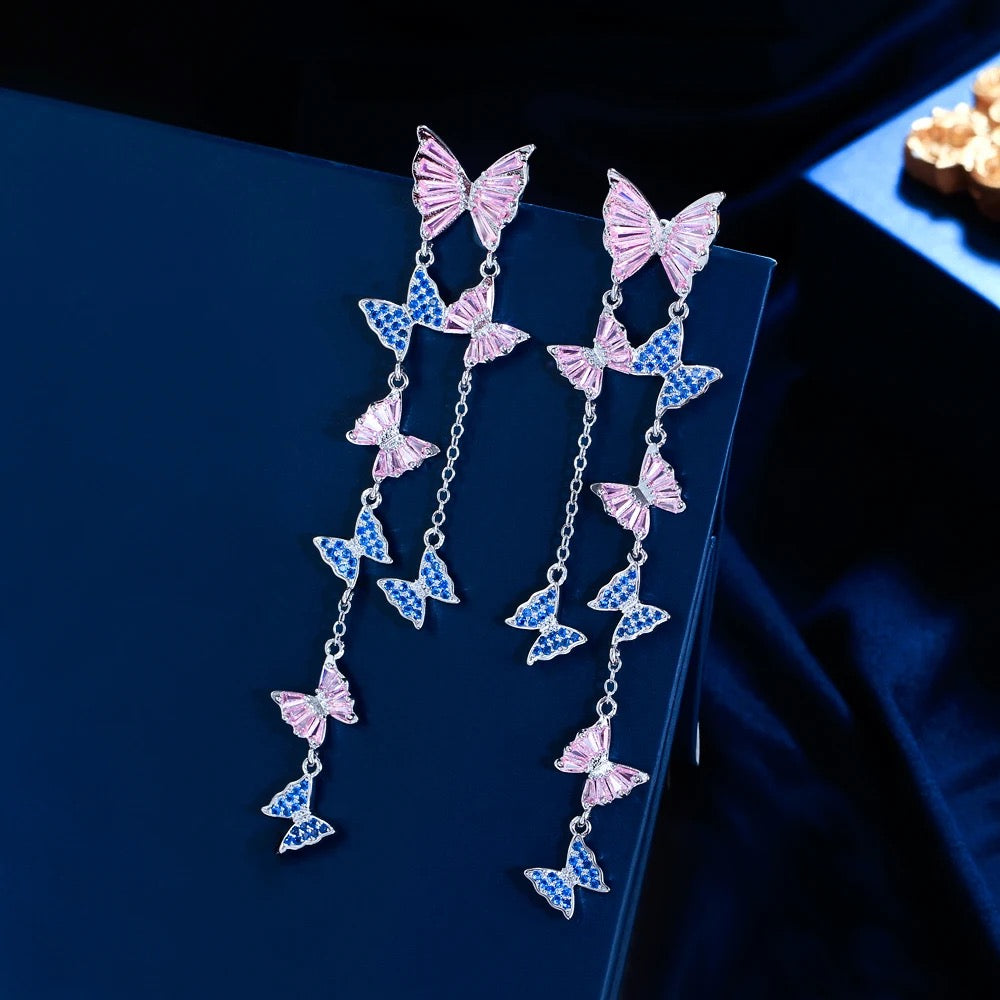 Luxurious Pink Blue Cubic Zirconia Extra Long Tassel Butterfly Drop Dangle Earrings - ShopSmart 