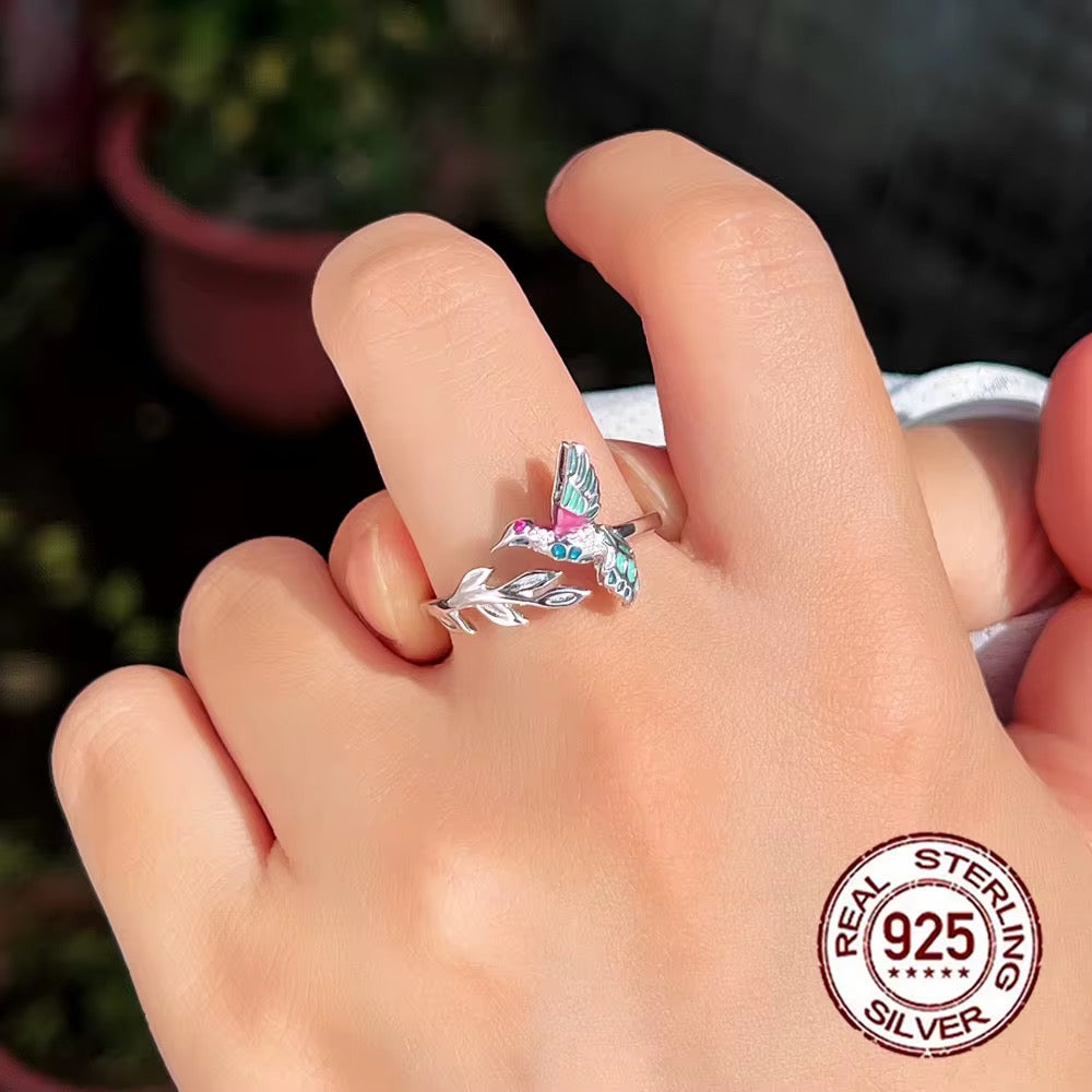 Colorful Enamel Cute Bird Shaped 925 Sterling Silver Open Size Finger Ring - ShopSmart 