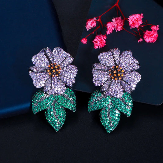 Sparkling Purple Green Cubic Zirconia Leaf Flower Luxury Statement Drop Earrings - ShopSmart 