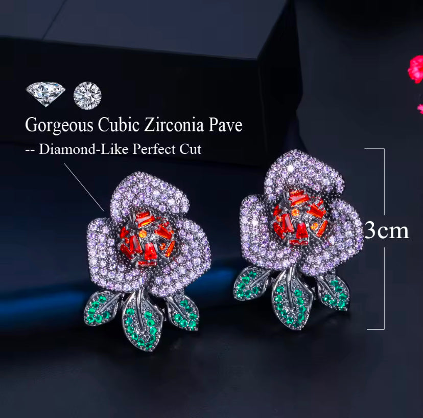 Big Flower Design Purple Red Cubic Zirconia Pave Stud Earrings - ShopSmart 