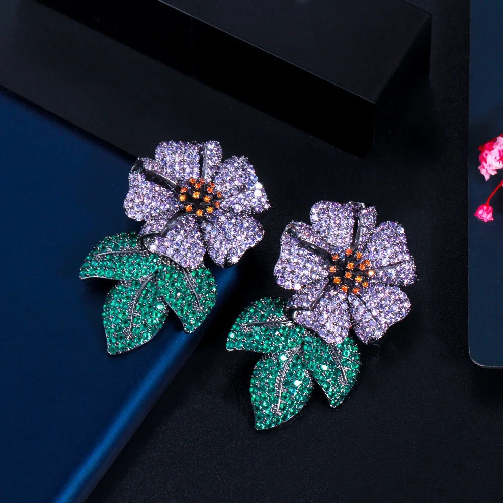 Sparkling Purple Green Cubic Zirconia Leaf Flower Luxury Statement Drop Earrings - ShopSmart 