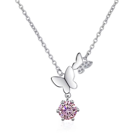 Premium S925 Sterling Silver Double Butterfly 1CT Moissanite Diamond Pendant Necklace For Women/Girls - ShopSmart 