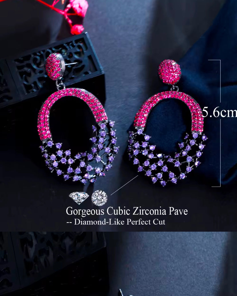 Purple Red Cubic Zirconia Crystal Big Dangle Earrings For Women/Girls - ShopSmart 