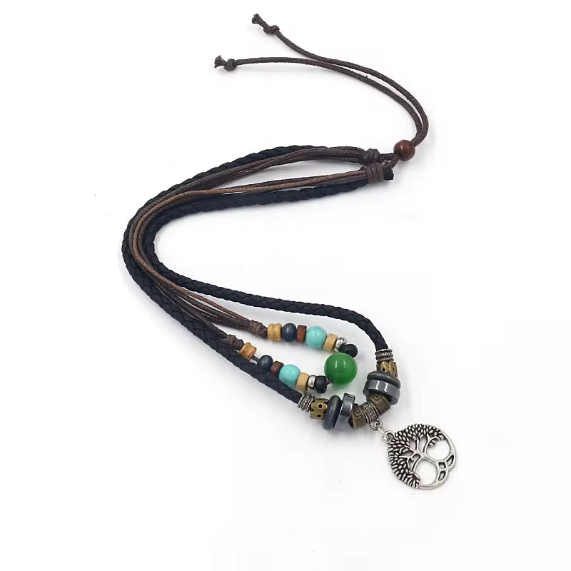 Ethnic Style Leather Rope Beads Ancient Silver Alloy Adjustable Pendant Necklace