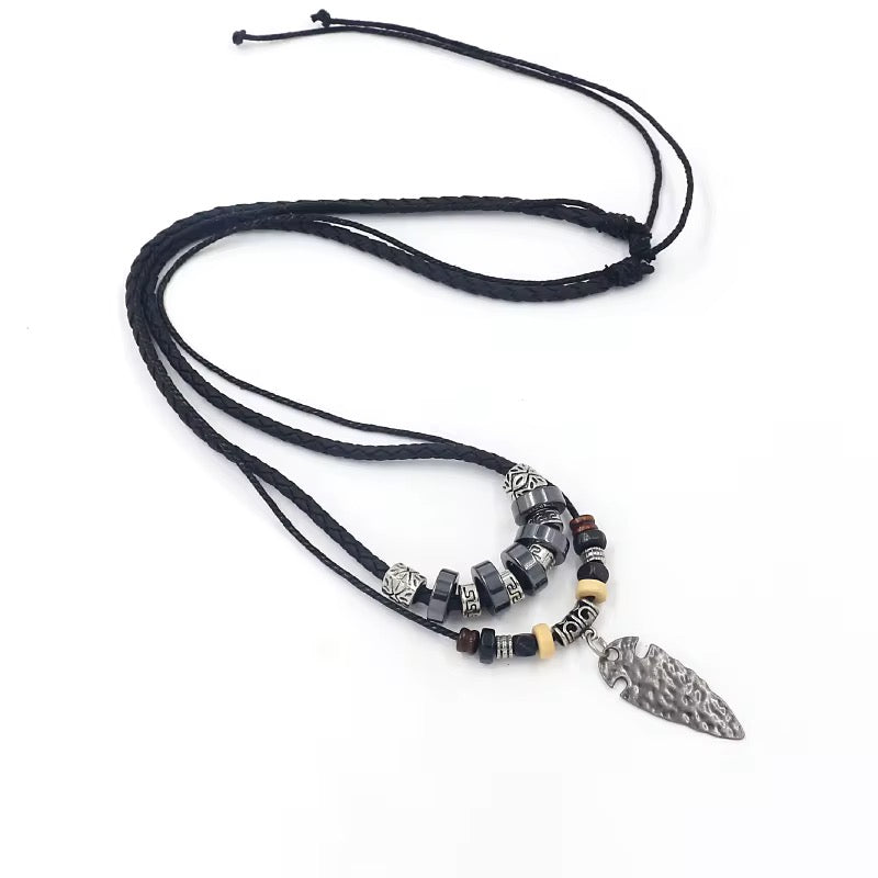 Ethnic Style Leather Rope Beads Ancient Silver Alloy Adjustable Pendant Necklace