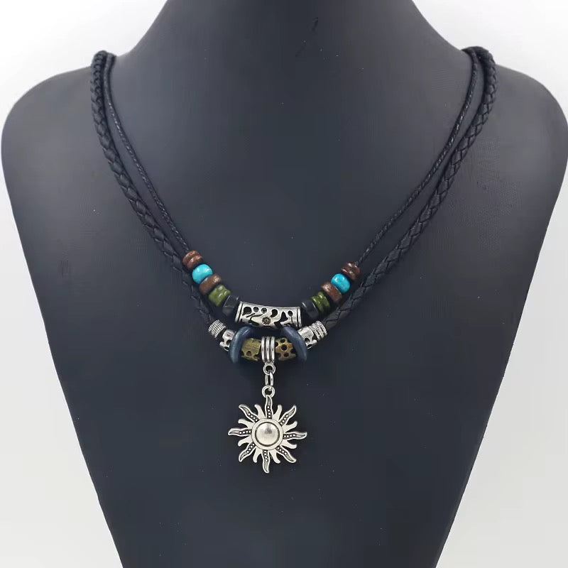 Ethnic Style Leather Rope Beads Ancient Silver Alloy Adjustable Pendant Necklace