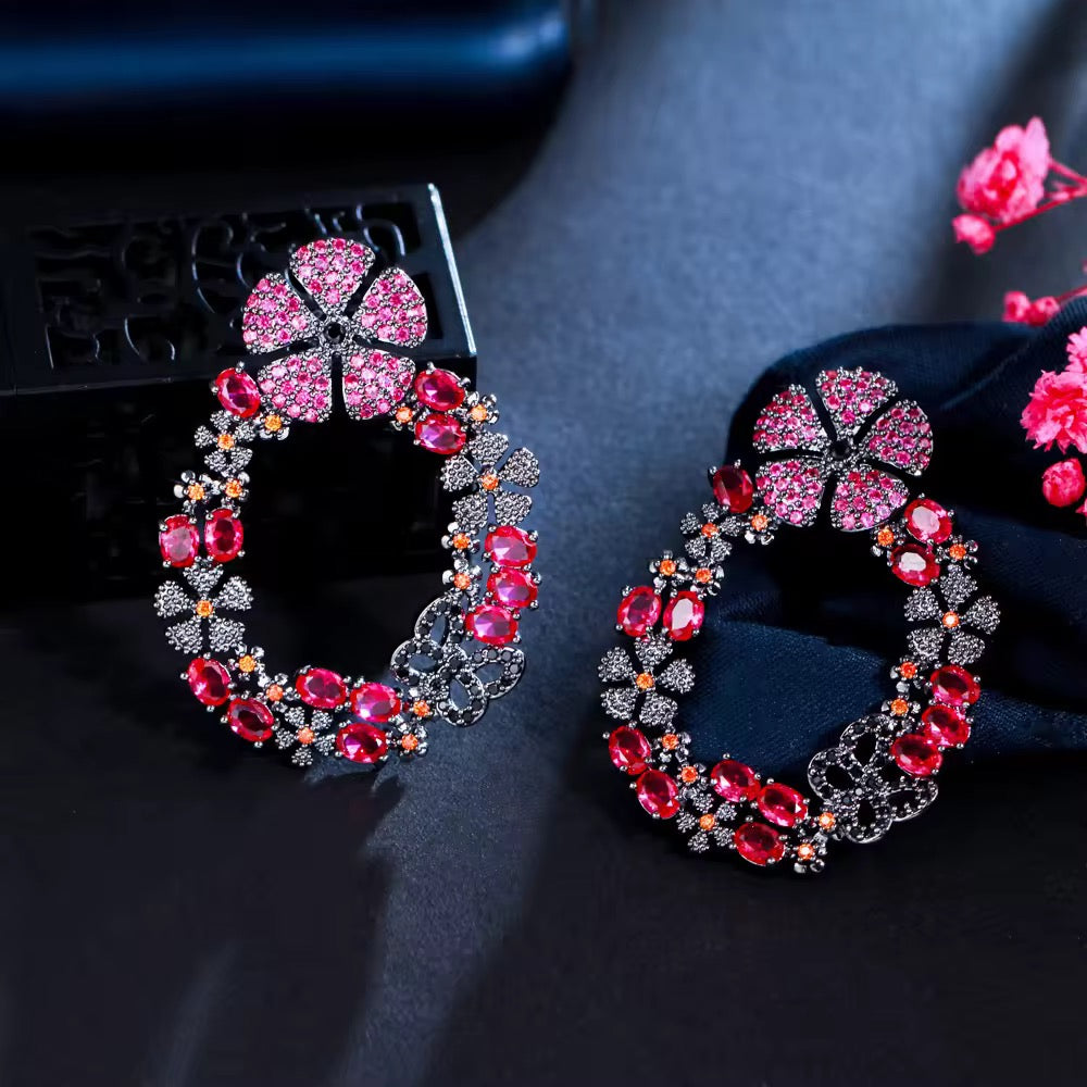 Gorgeous Hot Pink Red Cubic Zirconia Crystal Long Drop Flower Earrings - ShopSmart 