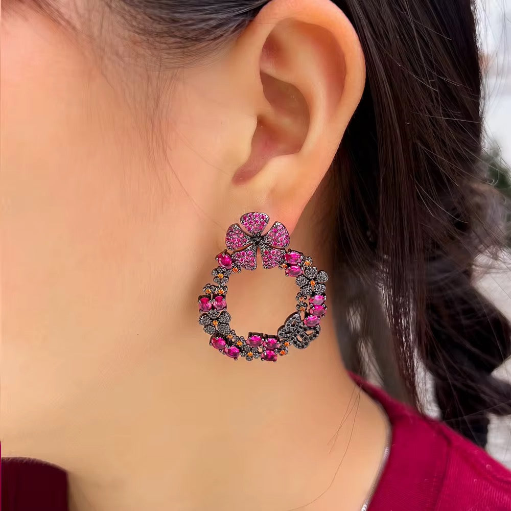 Gorgeous Hot Pink Red Cubic Zirconia Crystal Long Drop Flower Earrings - ShopSmart 