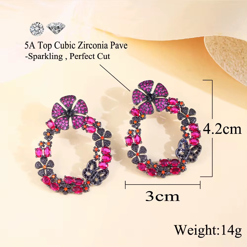 Gorgeous Hot Pink Red Cubic Zirconia Crystal Long Drop Flower Earrings - ShopSmart 